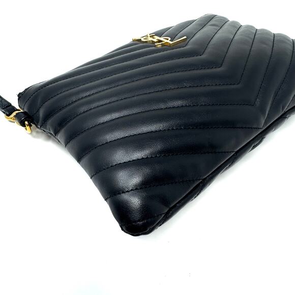 Saint Laurent YSL Uptown Pouch Black Chevron Quilted Leather Wristlet Bag Clutch - Picture 8 of 12